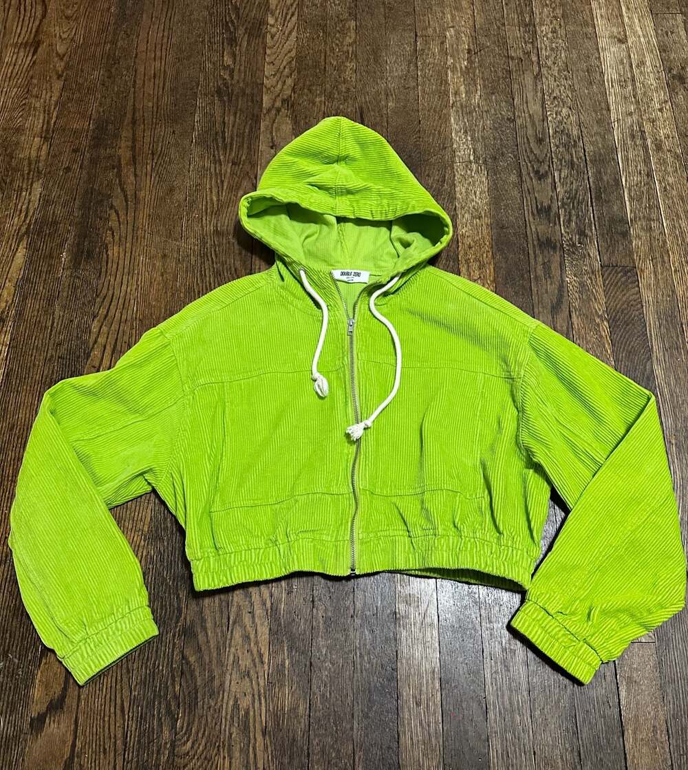Double Zero Lime Green Corduroy Zip-Up Cropped Hoodie Size Large